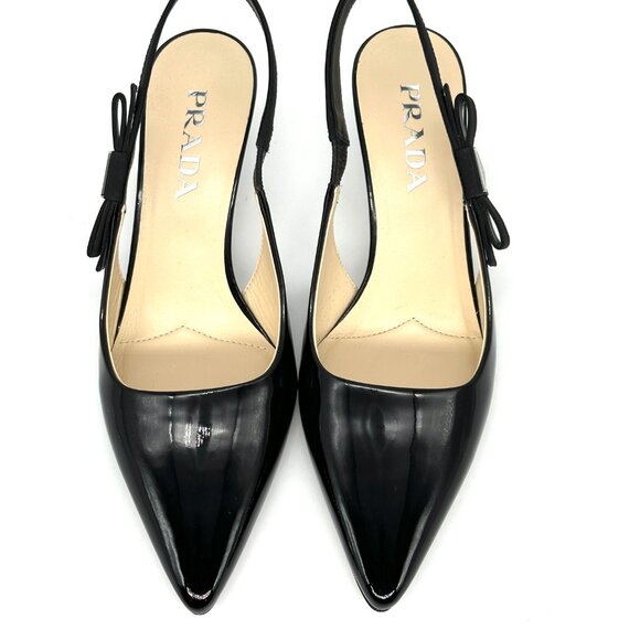 PRADA Triangle Logo Bow Pointed Toe Kitten Heel Slingback Pumps Sandals - Picture 7 of 16